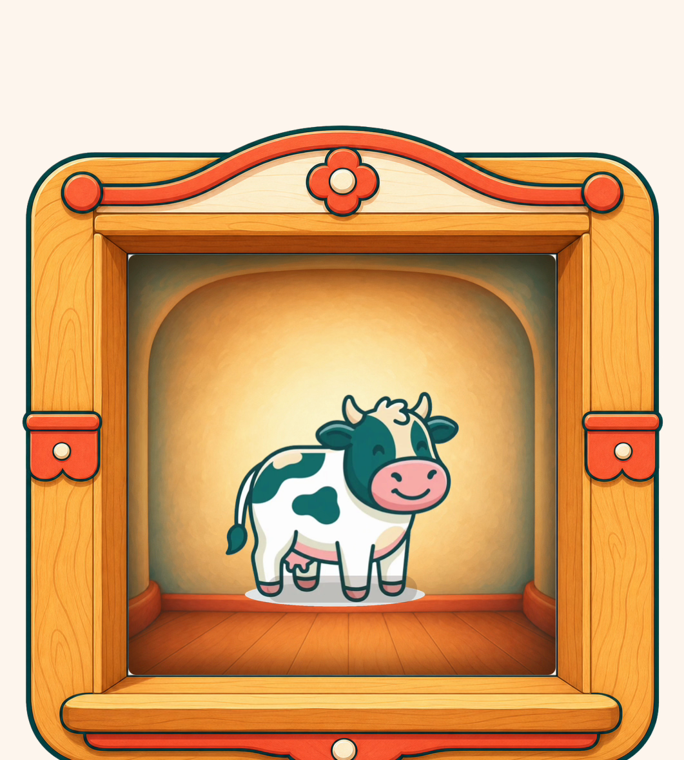 Janela de madeira ilustrada do FonoKids se abrindo e revelando uma vaquinha